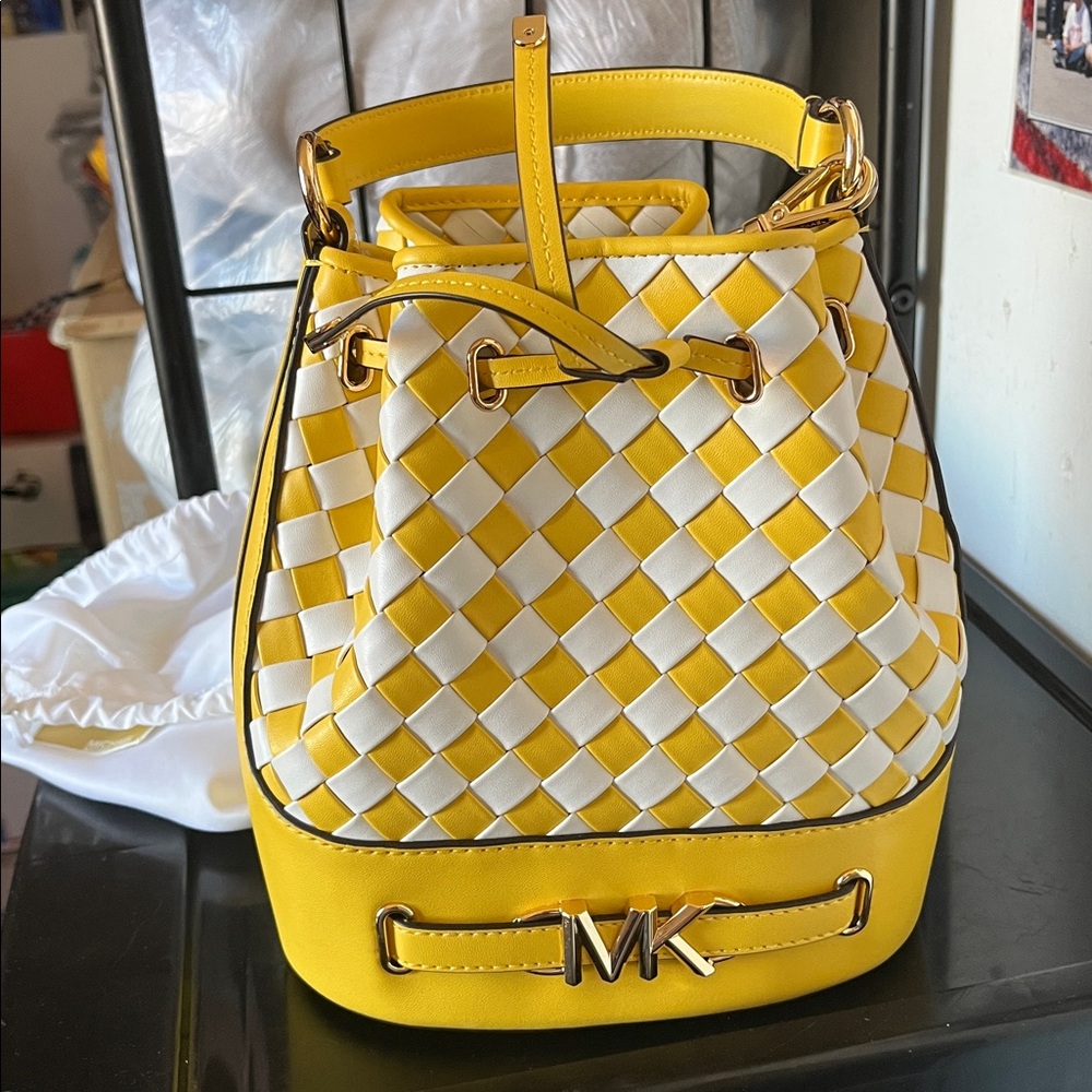 Michael Kors Yellow and White Checkered Bucket Bag